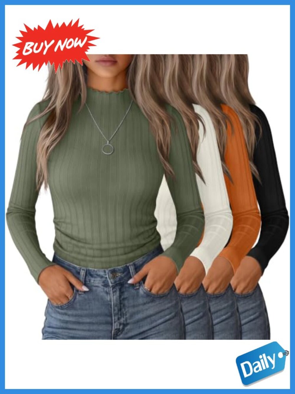 Mock Neck Long Sleeve Ribbed Tops Slim Fit 4 Pack
